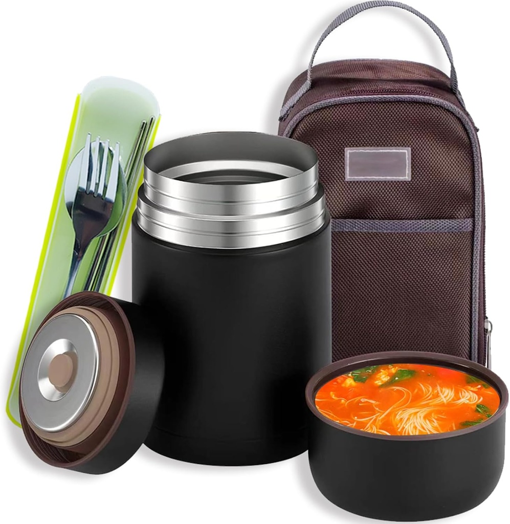 lazycozy® Thermos Food Containers for Hot Food, 27 oz, Soup Thermos with Spoon, Stainless Steel Vacuum Insulated Food Jar, Leak-Proof, with Carry Bag, Keep Hot/Cold for 12 Hours