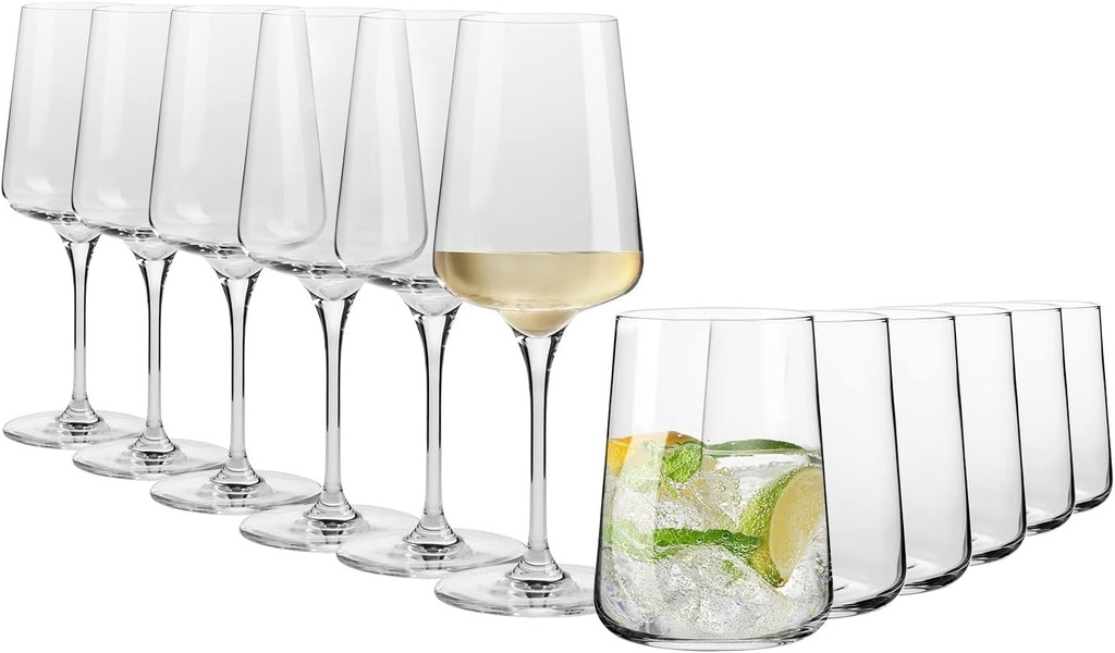 Krosno Glasses Set | 6x water drinks juice glasses 16.6 oz + 6x white and sparkling wine glasses 13.5 oz | Elegant design | Crystal Glass | Ideal for home, restaurant and party | Dishwasher safe