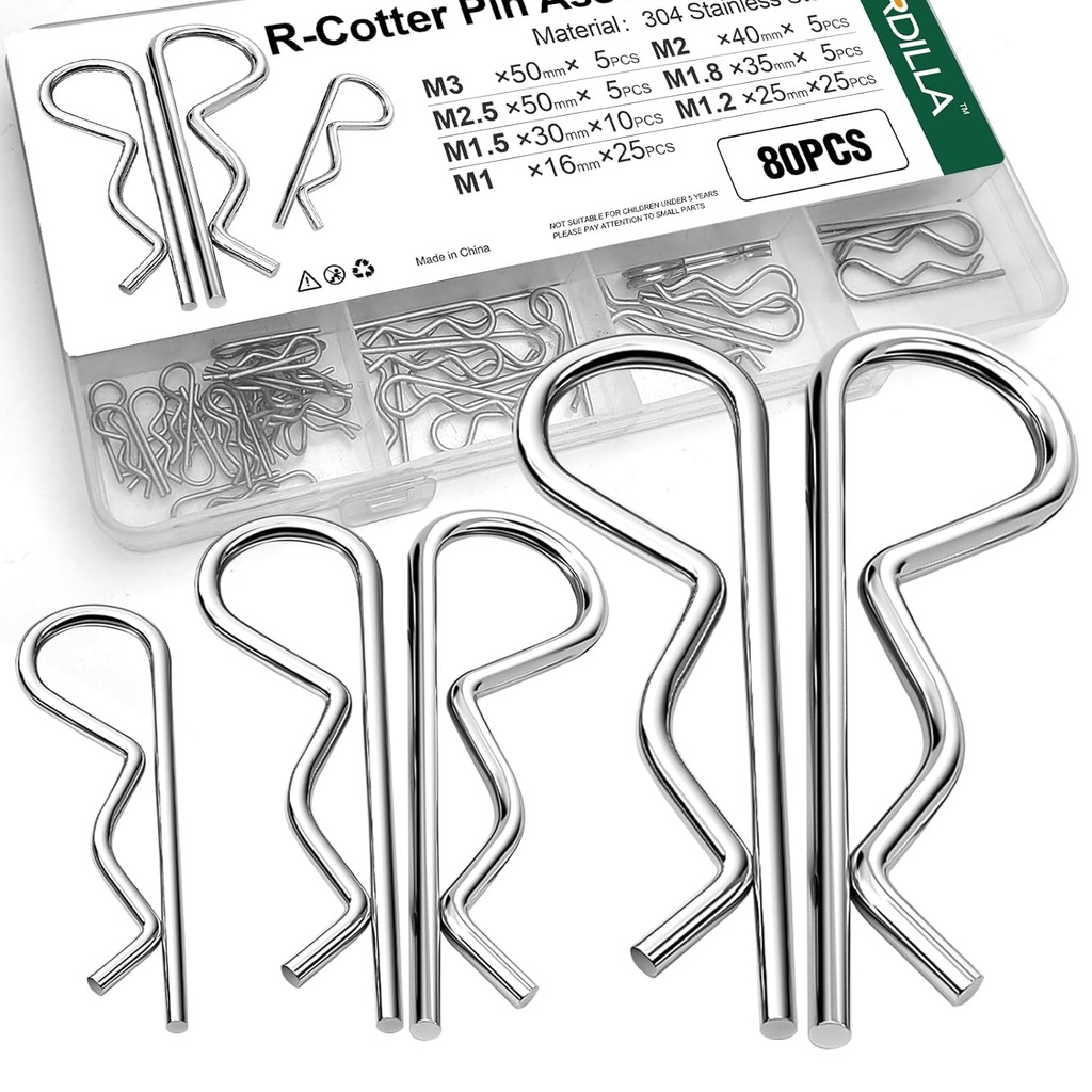 80pcs Cotter Pin Assortment Kit, Cotter Pins, Heavy Duty R Clips Hardware Pins, 7 Sizes of Spring Fasteners Hitch Pins for Trailer Locks, Trailer Clamps, Lawn mowers, Trucks