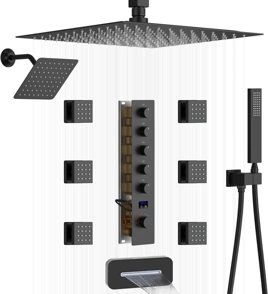 Full Body Shower System With Body Jets Multi Function Shower Faucet Set With Waterfall Tub Spout 12 & 8 Inch Dual Shower Head 5 Ways Temperature Display Valve And Handheld Spray,Matte Black