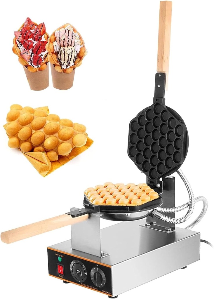 Bubble Waffle Maker, Egg Bubble Puff Iron W/ 180° Rotatable 2 Pans & Wooden Handles, Stainless Steel Baker,S