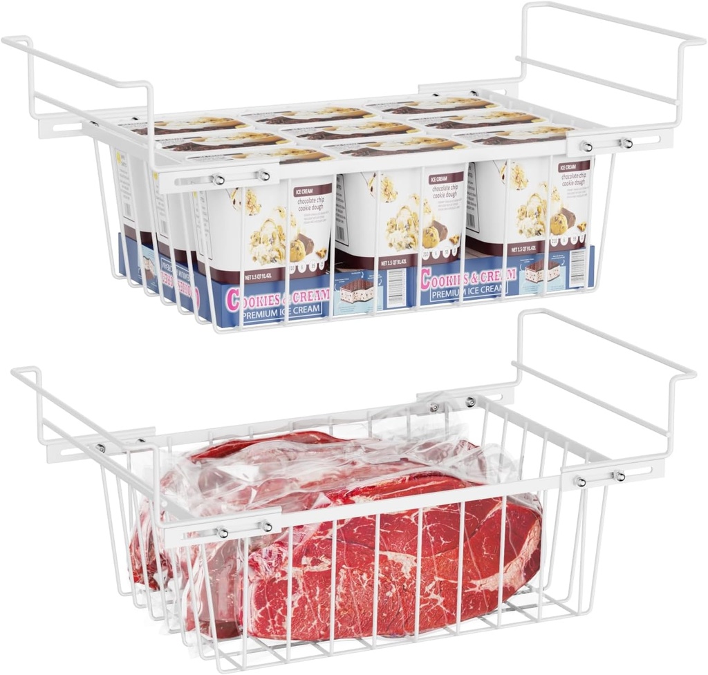 iSPECLE Chest Freezer Organizer - 15.2" ~ 17.5" Freezer Organizer Bins, Fit 5 Cu.Ft, Adjustable Hanging Chest Basket, 2 Pack White