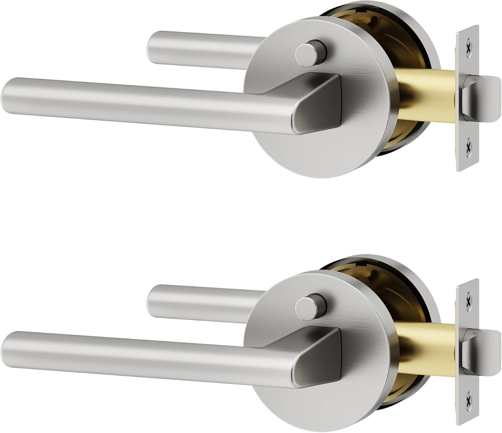 Okun Brio 2-Pack Brushed Nickel Privacy Door Levers – Push Button Lock, Reversible, Sleek Concealed-Mount Design for Bedroom & Bathroom
