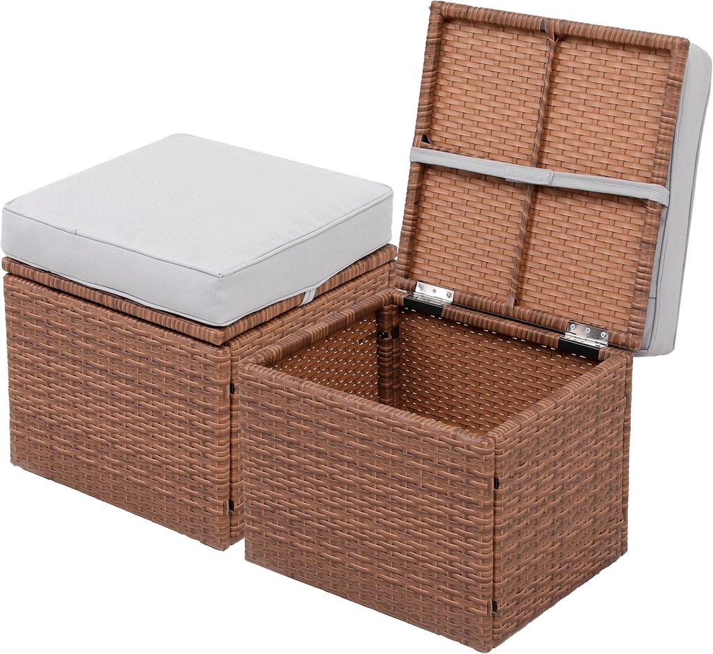 Premium Elegant Gray/Tawny 16.5" 2-Piece w/ 3" Fade-Proof Cushion, All-Weather Wicker Indoor/Outdoor Ottomans, PE Rattan Side Table & Footstools, Footrest, Ideal for Patio.