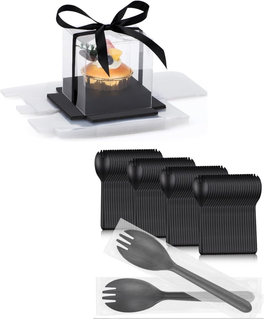 EUSOAR 12pcs Clear Cupcake Boxes and 100pcs 5.5"x1.2" Black Heavy Duty Sporks, Single Transparent Cupcake Holder Carrier, Cake Containers with Lids for Wedding Birthday Party Favor