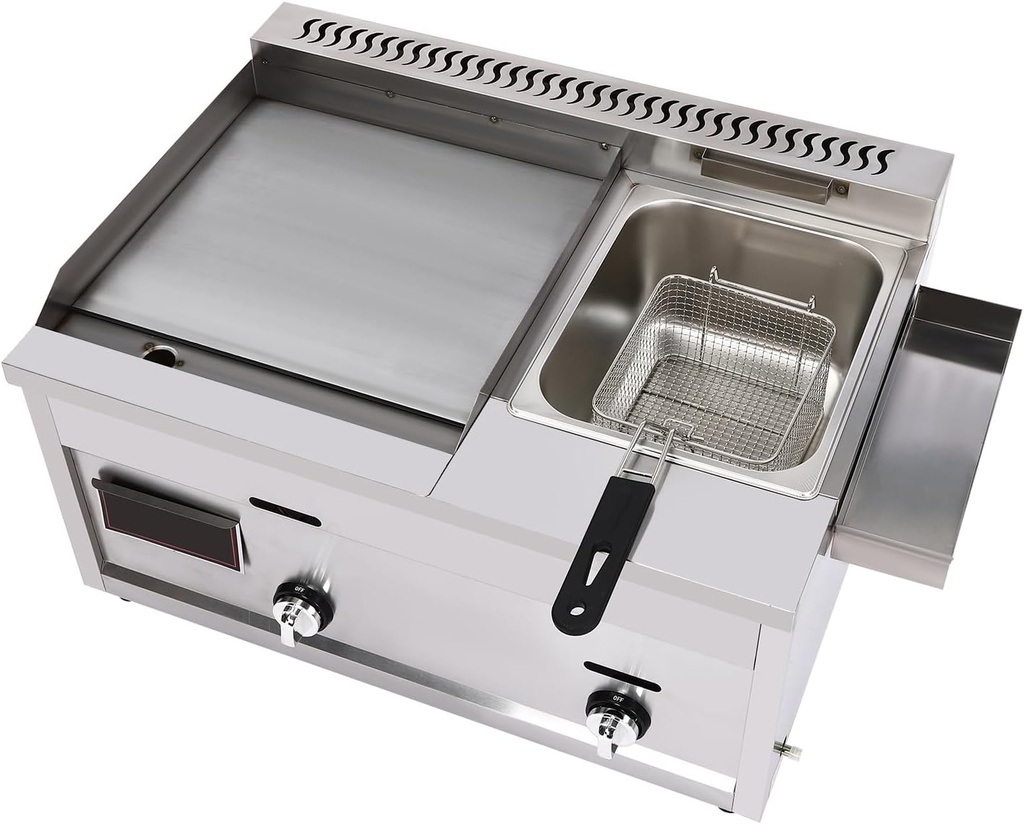 Commercial Deep Fryer with Griddle, Gas Propane Flat Top Griddle & Countertop Deep Gas Fryer, Outdoor Multi-function Griddle with Basket & Lid Restaurant Home Kitchen
