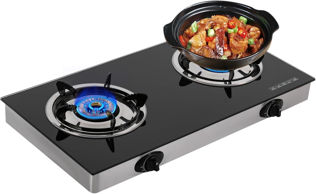 28" Portable LPG Gas Cooktop - 2 Burner Countertop Stove with Strong Flame, Tempered Glass, Dual Fuel, Ideal for RVs, Apartments, Camping, and Outdoor Cooking