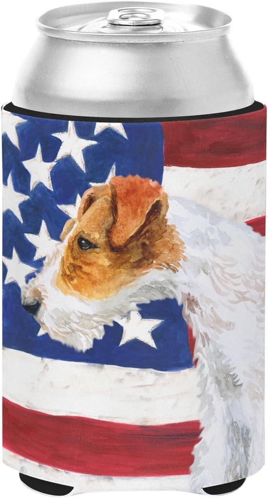 Caroline's Treasures BB9650CC Fox Terrier Patriotic Can or Bottle Hugger Cooler Washable Drink Sleeve Collapsible Beverage Insulated Holder, Can Hugger, Multicolor