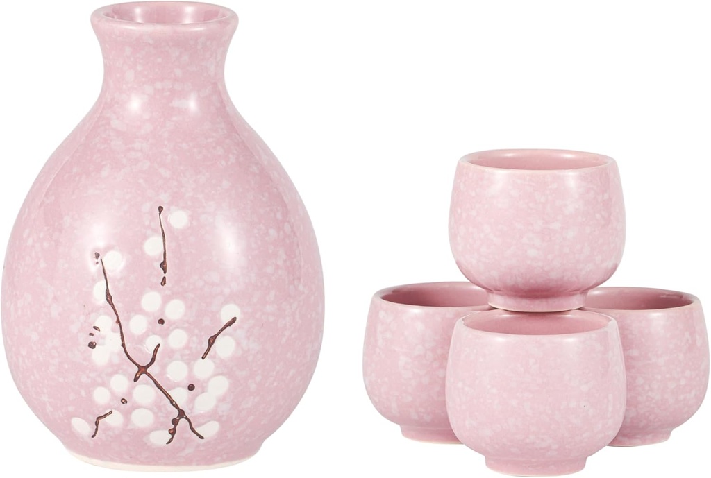 Japanese Plum Blossoms 5 Piece Sake Set 9.5 fl oz Bottle and 4 Cups Porcelain (Pink)