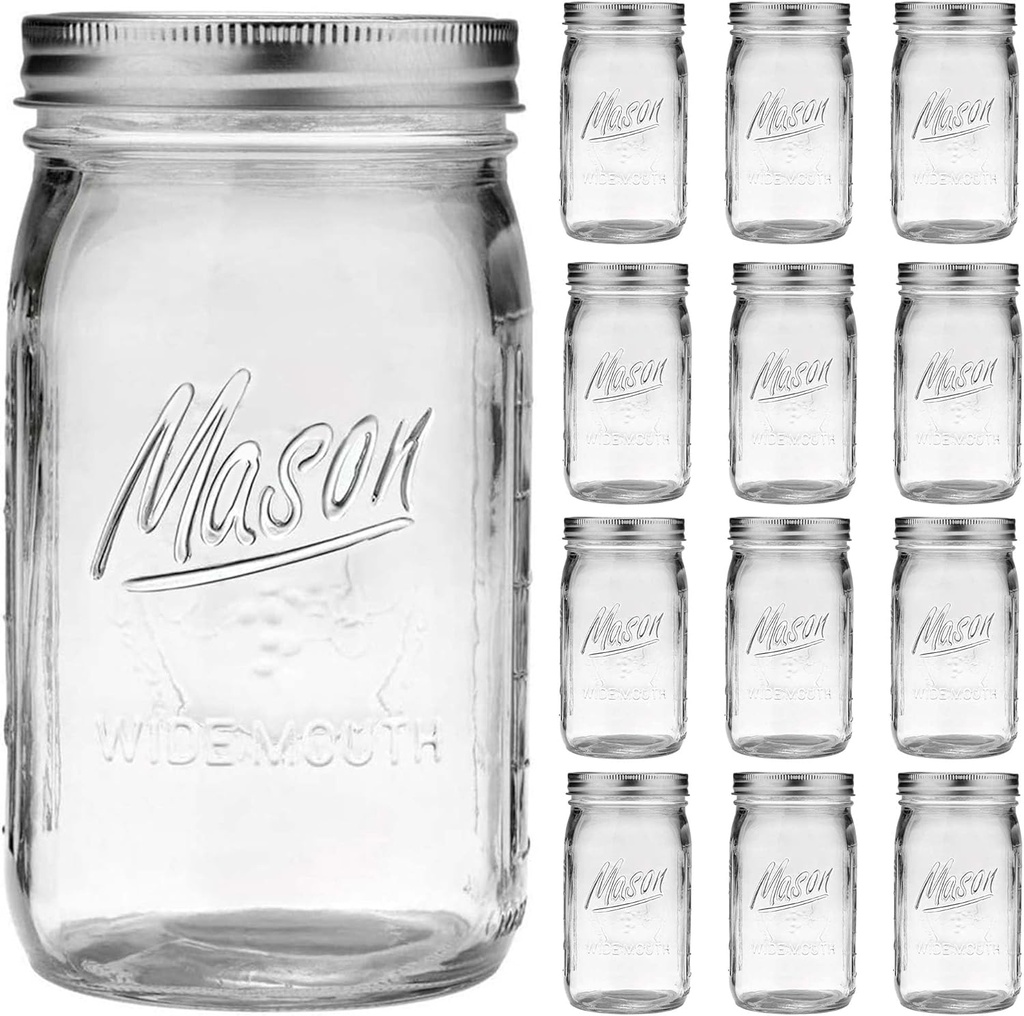Wide Mouth Mason Jars 32 oz - 12 Pack Large Glass Mason Jars with Airtight Lids and Bands, 1 Quart Glass Jars for Pickling, Canning, Fermenting and Food Storage, Microwave & Dishwasher Safe