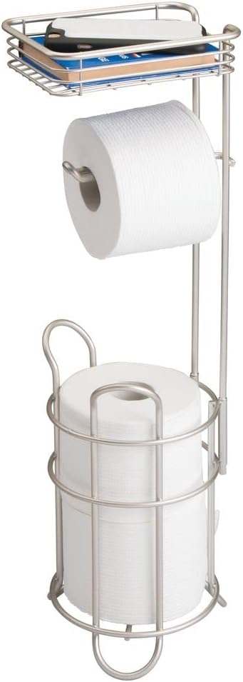 mDesign Steel Toilet Paper Holder Stand & Dispenser with Storage Shelf, Concerto Collection - Satin, Holds 2 Extra Mega Rolls