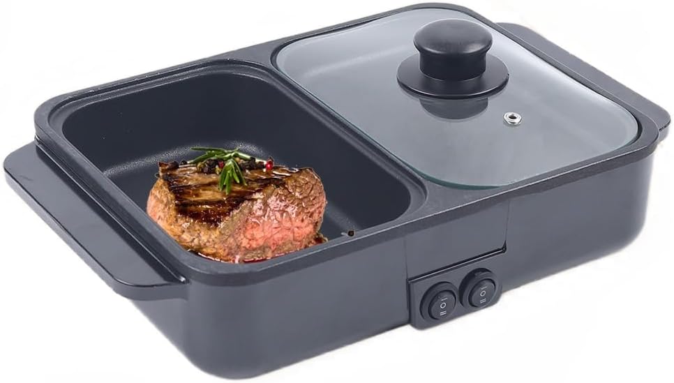 Hot Pot Electric with Grill, 2 in 1 Indoor Non-Stick Electric Pot and Griddle for Korean BBQ, Steaks, Shabu Shabu and Noodles, Independent Dual Temperature Control, Fast Heating, Black