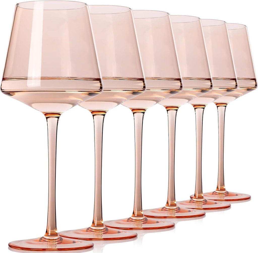 Blush Pink Wine Glasses Set of 6-16 OZ, Unfading Color, Hand-blown Crystal Colored Wine Glasses - Wedding Engagement Anniversary Houswarming Gifts for Couple, Gifts for Wine Lovers