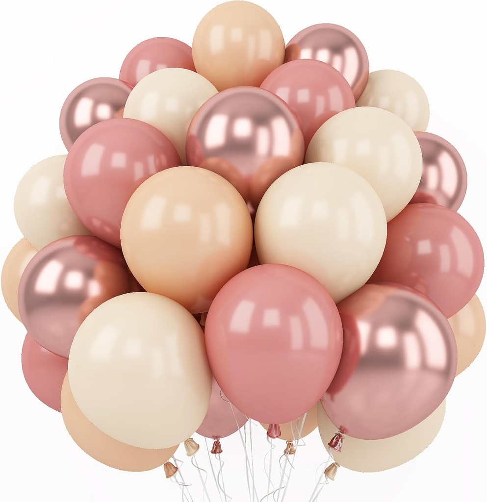 Retro Blush Pink Balloons, 60 Packs 12 Inch Dusty Pink Metallic Chrome Rose Gold White Sand Nude Balloons for Bridal Shower Pumpkin Baby Shower Girls Boho Birthday Wedding Decorations Supplies