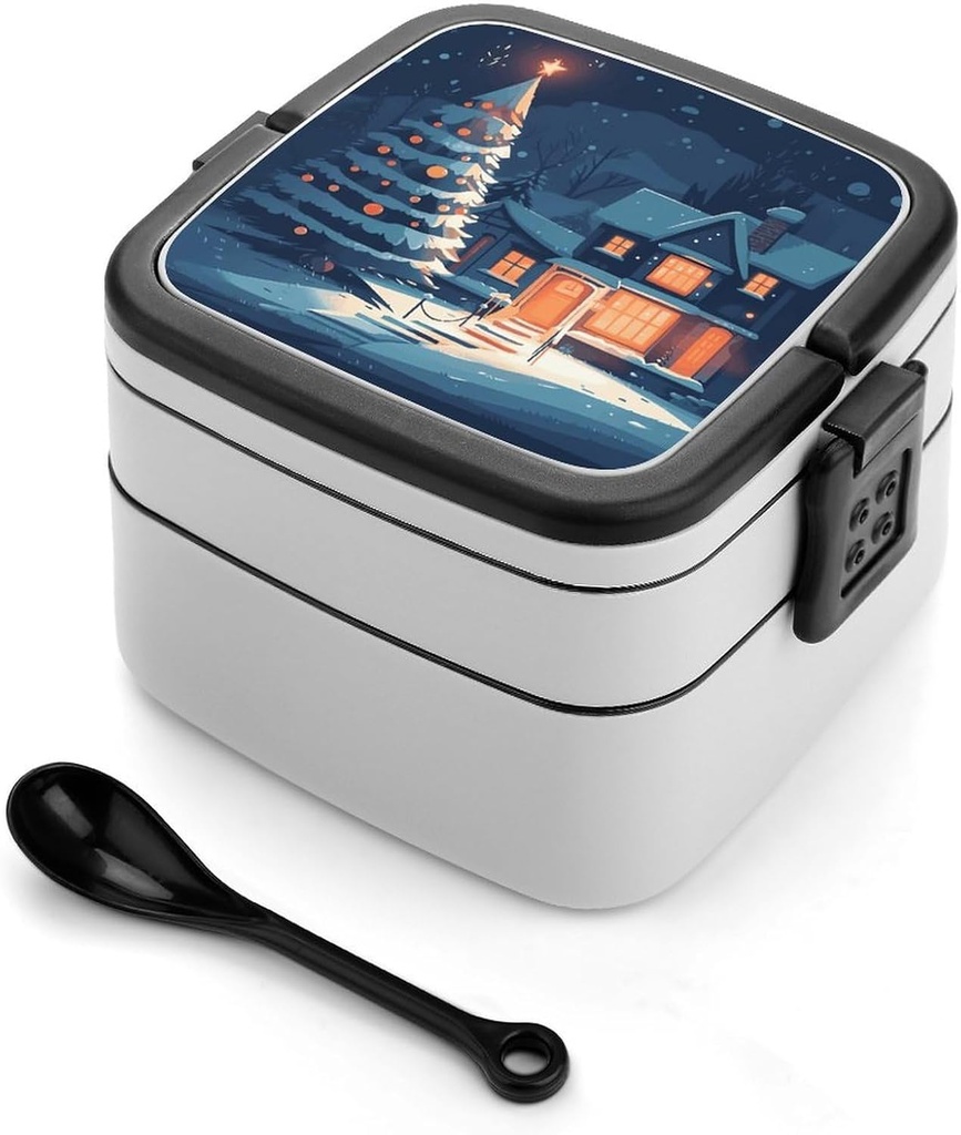 Christmas Tree Decorated House Bento Box Adult Lunch Box All-in-One Stackable Bento Lunch Box with Compartments Double Layer Lunch Boxes Leak-Proof Lunchbox Lunch Containers for Work Picnics Travel