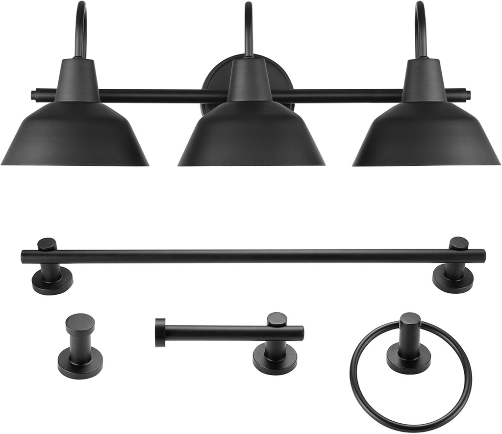 GLOBE Electric 51710 5-Piece Bathroom Accessory Set with 24-inch 3-Light Vanity Fixture, Matte Black Finish, Industrial Design, E26 Base, Towel Bar, Towel Ring, Robe Hook, Toilet Paper Holder