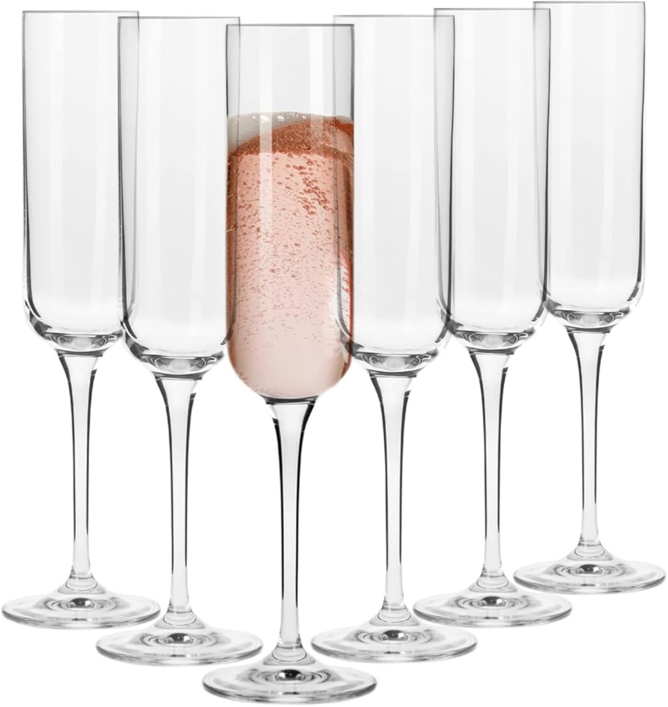 Krosno Crystal Champagne Flute Glass, Set of 6, 5.8 oz, Glamour Collection, Elegant Slim Champagne Flutes for Prosecco, Sparkling Wine, Champagne and Mimosas, Dishwasher Safe, Made in Europe