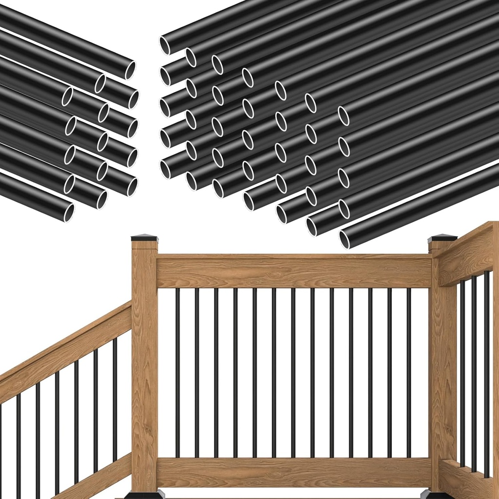 Muzata 50Pack 36" Aluminum Deck Balusters Round Black Deck Railing Stair Porch Staircase Spindles 3/4" Diameter Hollow for Railing Fencing Porch Stair WT01