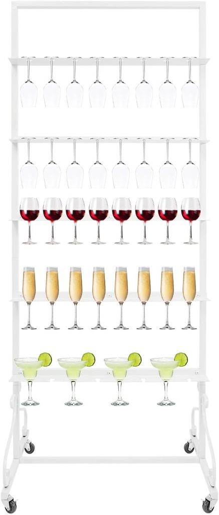 Champagne Display Stand, 5Tiers Champagne Rack Shelf 40Wine Glass Rack With 4Casters For Wedding Birthday Party Bars Home, 26 * 16.5 * 66In (White)