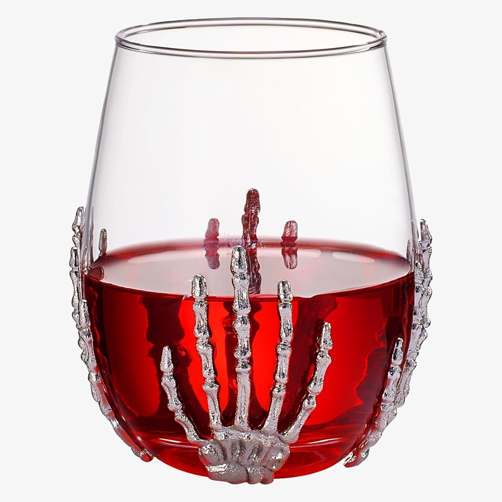 Stemless Skeleton Wine Glass 17oz Single | Gothic Halloween Drinkware 5" Tall | Spooky Skeleton Decor for Haunted Parties, Creepy Wine Glass Gift Idea, Skeleton Gifts for Wine Lovers