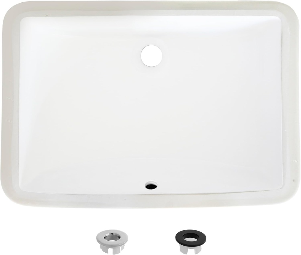 Stylish Bathroom Sink 21 1/4 x 14.5 Inch Ceramic Porcelain Undermount Rectangular Bathroom Sinks Shiny Enamle Glaze Finish with Chrome and Matte Black Overflow, P-203