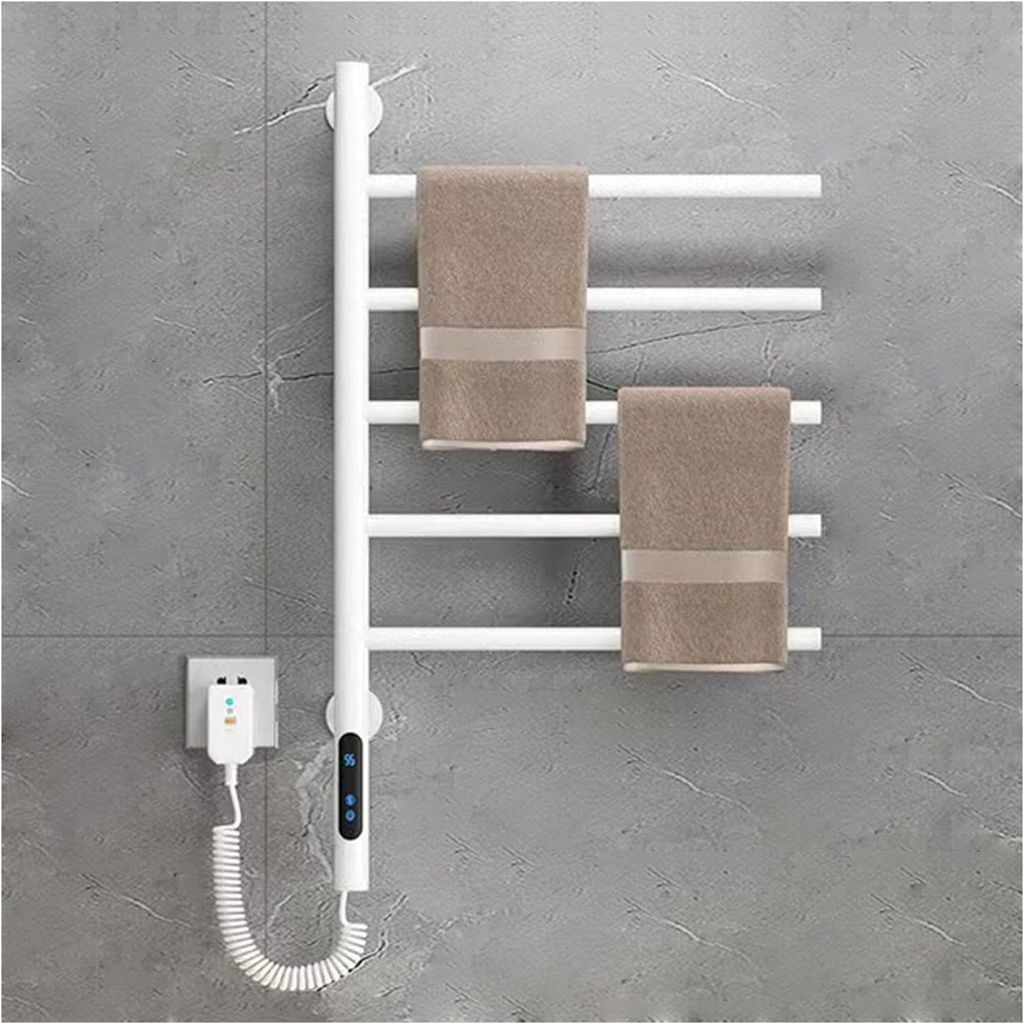 Swivel Towel Warmer Rack, Rotating Electric Heated Towel Rack Wall Mounted, Stainless Steel Towel Warmers for Bathroom, 5 Bars with Timer, 1h-24h,82w,for Home Bathroom, Spas,Plug-in, White
