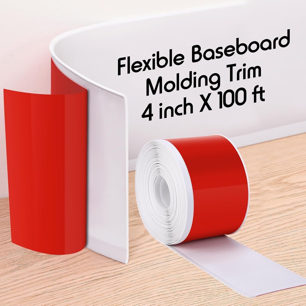 Frienda 4 Inch x 100 ft Flexible Baseboard Molding Trim Peel and Stick Vinyl Wall Base Cove Base Self Adhesive Rubber Vinyl Wall Base, White