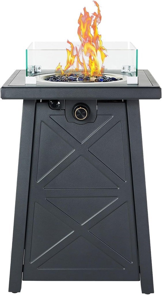 19.5 Inch Steel Fire Table, 40,000 BTU Outdoor Gas Fire Pit, Modern Pattern Patio Column Propane Fire Pit w/Glass Rocks, Cover, Lid, Glass Wind Guard