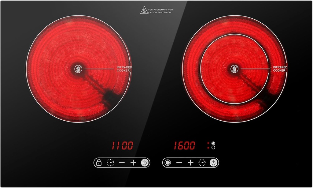 Dual Coil Design of 2 Burner Cooker, 1800W Electric Ceramic Hot Plate for Cooking, Infrared Double Burner Portable Countertop or 24inch Built-in Cooktop Radiant Stove Top, Compatible with All Cookware