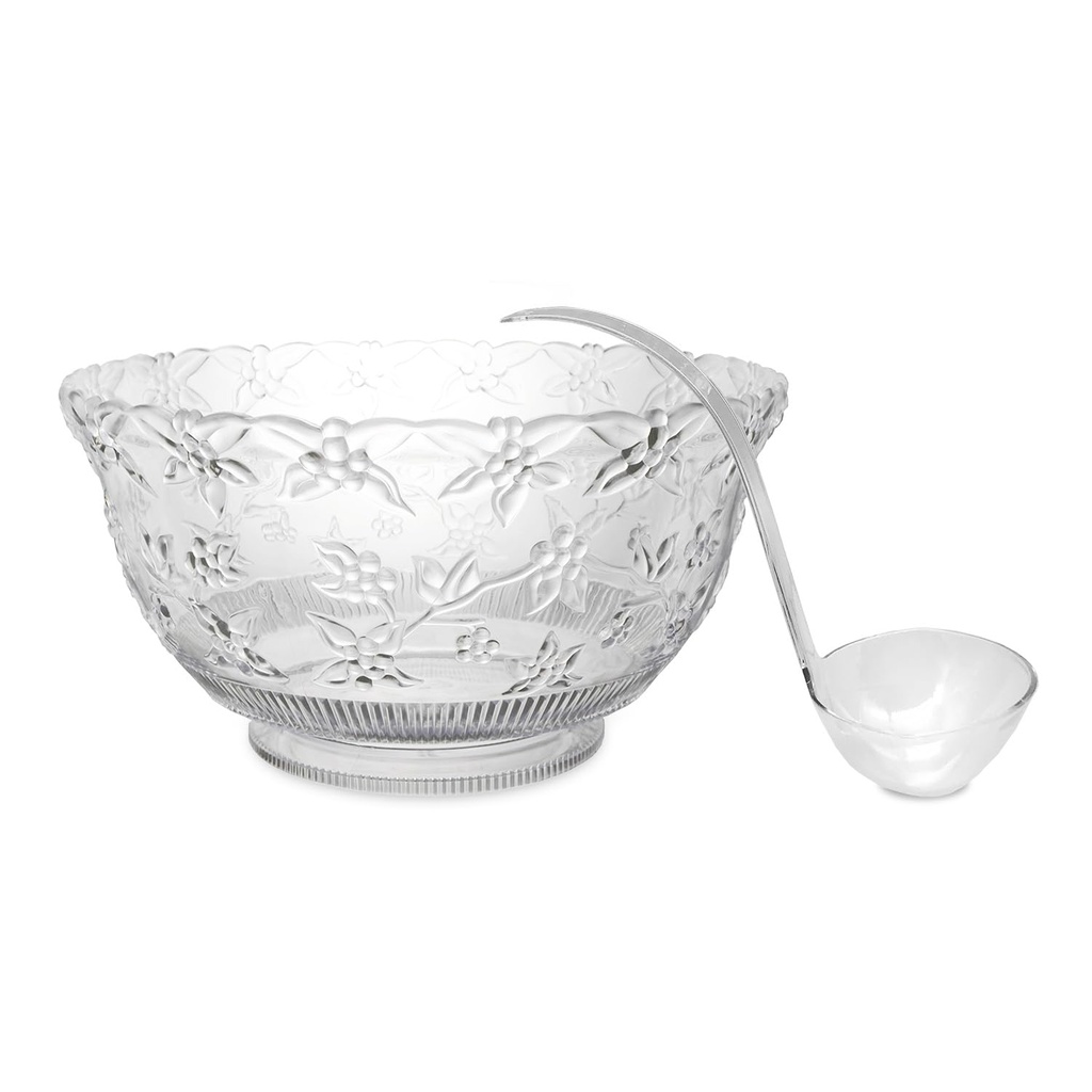 Party Essentials 12-Quart (3-Gallon) Clear Plastic Punch Bowl with Ladle – Hard Plastic Embossed Floral Design – Large Punch Bowl for Party, Wedding, Egg Nog, Salad, Snacks, or Treats