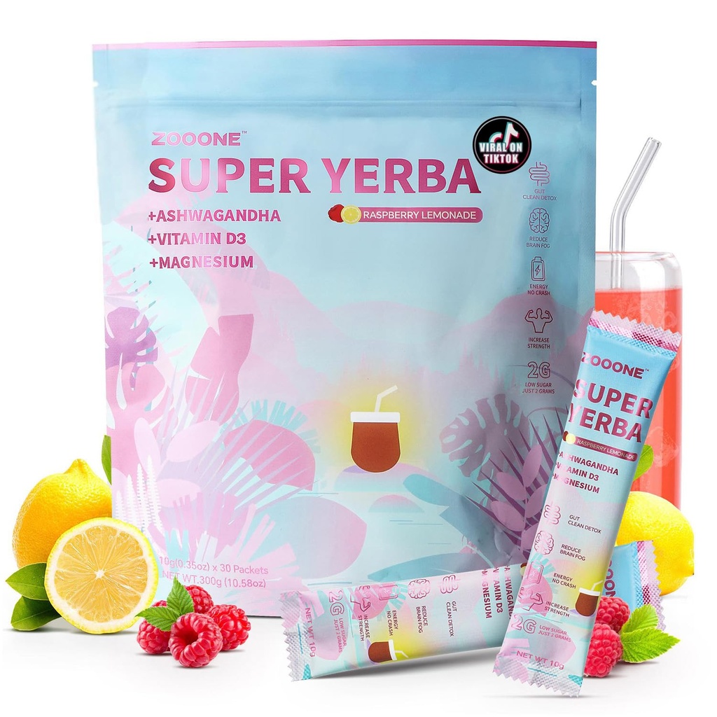 ZOOONE Super Yerba Mate tea Instant Powder 30 Packets- Raspberry Lemonade Flavor | Servings Clean Energy & Focus Boost Brain Fog Buster| Gut Support, Antioxidants