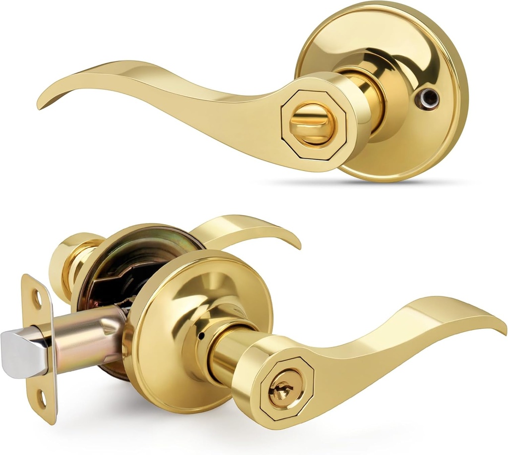 Wave Style Door Lever, Keyed Entry Door Handle with Lock, Gold Entrance Lever Reversible for Left/Right Handed for Office or Front Door with Polished Brass Finish, 1 Pack
