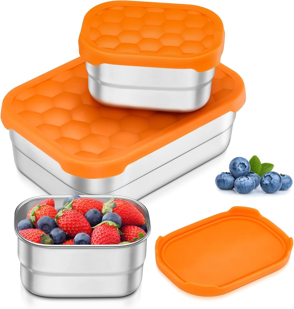 Leonyo Stainless Steel Lunch Containers for Kids, 18/10 Stainless Steel Food Containers with Silicone Lids, Metal Toddler Bento Box, Food Storage Bento Box for Snacks, Sandwiches, Fruits(25oz+8oz*2)