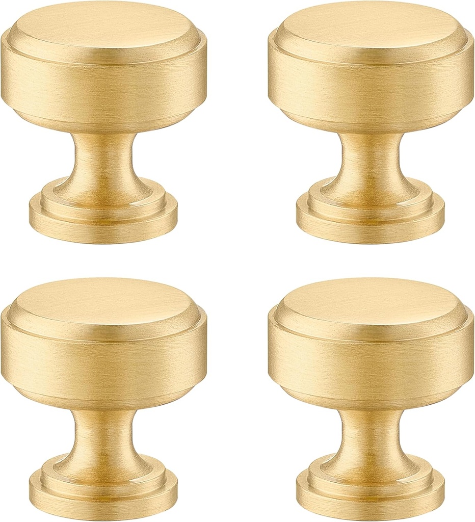 RZDEAL 4-Pack Solid Brass Cabinet Knobs Pulls, Gold Modern Kitchen Hardware,1-Inch Diameter, Brushed Brass Finish, Ideal for Kitchen Cabinets, Drawers, Dressers, Wardrobe