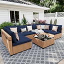 UPHA 7 Pieces Patio Furniture Sets Outdoor Sectional Sofa Wicker Conversation Couch for Decks, Backyards, Gardens, Yellow Rattan, Navyblue Cushion