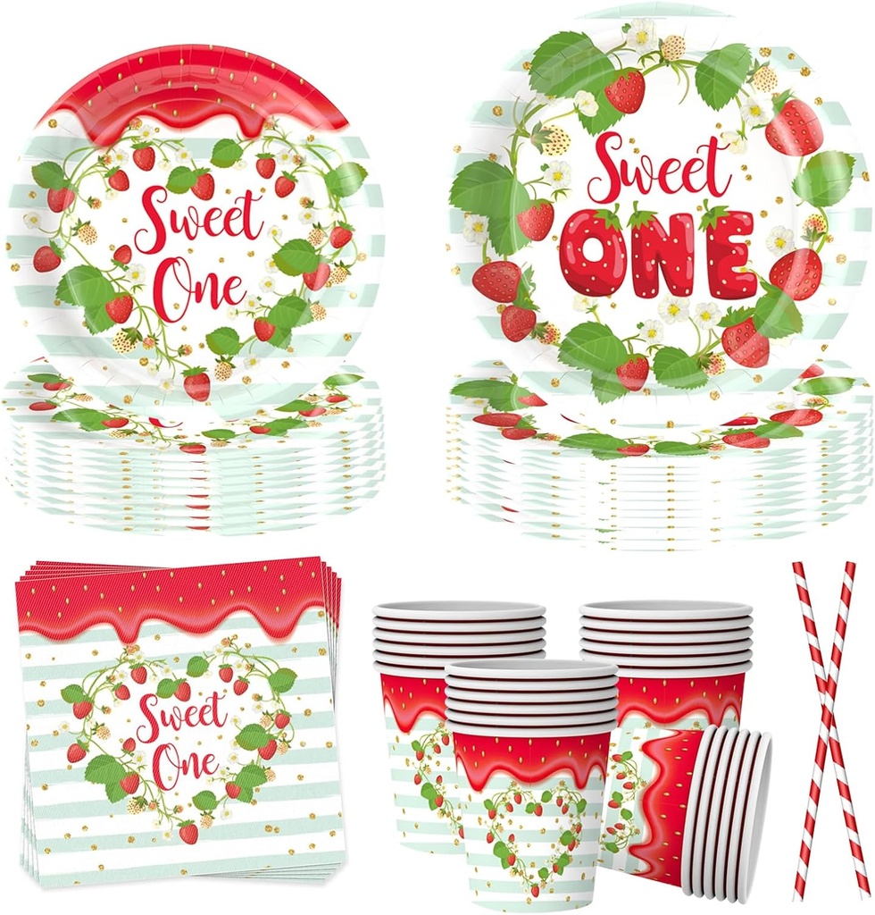 50PCS Strawberry Theme Birthday Party Tableware Set,Include Straw Paper Cups Plates and Napkins Set Disposable Party Supplies Decorations for Birthday Weddings Party Supplies