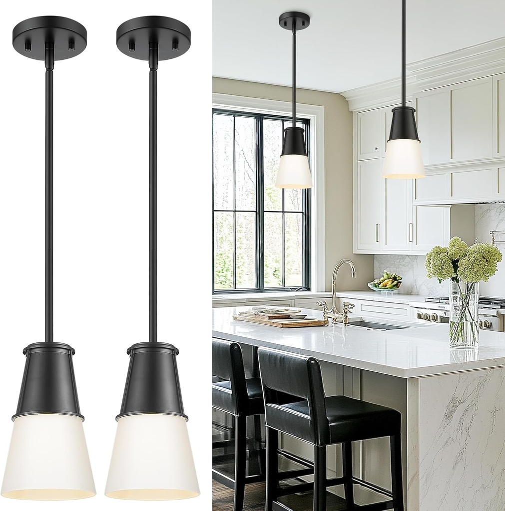 Beionxii 2 Pack Pendant Lights Kitchen Island, Black Pendant Lights Kitchen Island 2 Pack, Kitchen Pendant Lighting Over Island for Sink Dining Room Entryway Bathroom, Milk Glass Shade, BX-PL01MB-2PK