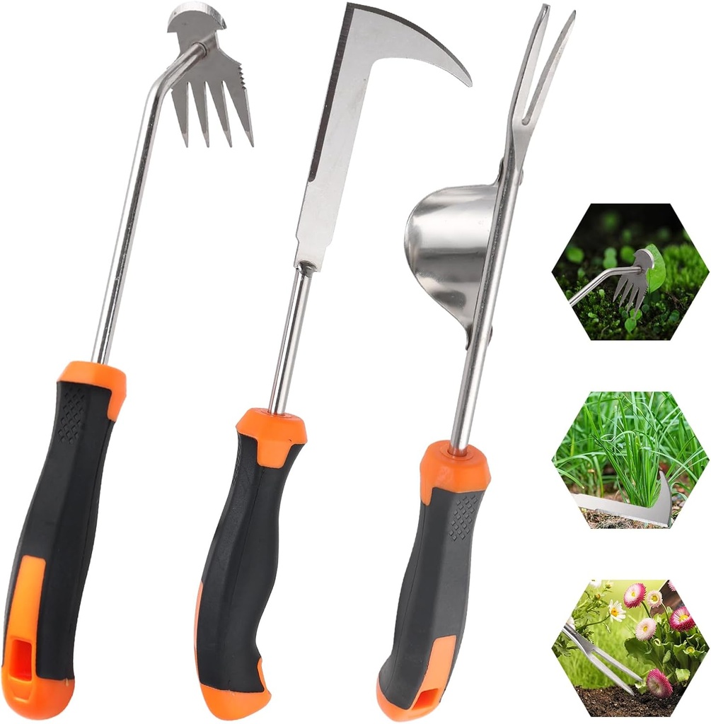 Weed Puller Tool, Set of 3, Rubber Handle Weed Remover Tool, Manual Weeder,L-Shaped Weeding Tool, Thickened Stainless Steel Crack Weeder,Planting and Weeding for Garden, Patio, Backyard Farm