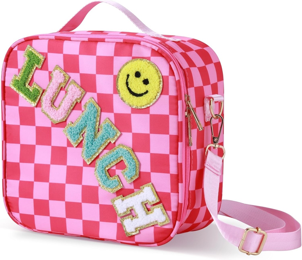 Checkered Insulated Lunch Bag with Handle, Adjustable Strap Preppy Smile Face Lunch Box Large Bento Tote Bag Container Reusable Portable Lunchbag for Women School Daycare Travel Picnic