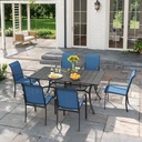 VICLLAX Patio 7 Pieces Outdoor Dining Set, 59" Metal Dining Table with Umbrella Hole and 6 Stackable Textilene Chairs for Patio, Lawn, Garden, Porch, Black/Dark Blue
