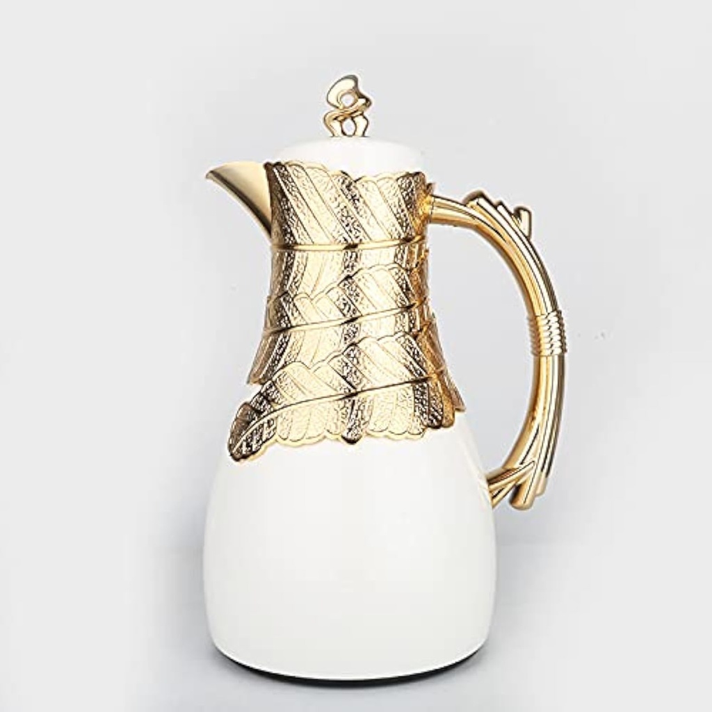 Insulated Coffee Carafe, 32 oz, Luxury Moroccan-Style Vacuum Insulated Thermos Flask with Spout, Glass Liner, for Tea, Coffee, Water - Carafes & Pitches with Lid-White and Gold