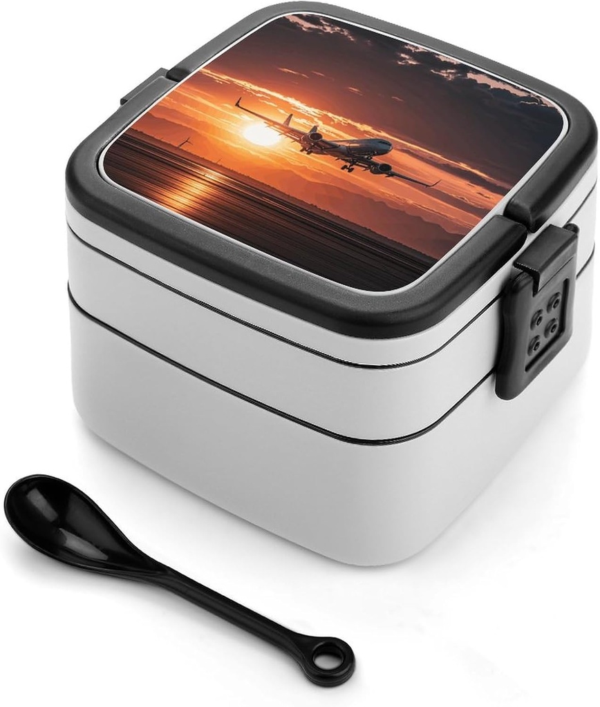 Bento Box Stackable Lunch Box with 2 Compartments Leak-Proof Food Storage Containers Airplane at Sunset Bento Lunch Box for Adults Lunch Containers with Utensil Set