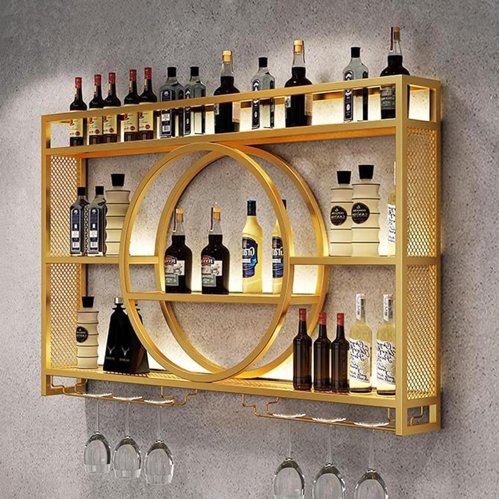 Metal Wall-Mounted Wine Rack With Wine Glass Holder,Wine Storage Racks With LED Lights,Liquor Shelf,Bar Shelves,Wine Glasses & Bottle Display,For Kitchen Bar Cellar Home Decor,Gold/Black (Colo
