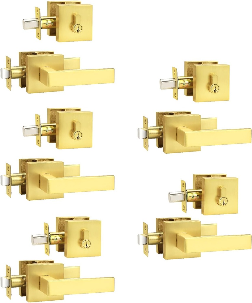 5 Pack Entry Door Lockset with Deadbolt, Gold Passage Lever and Keyed Alike Single Cylinder Deadbolt, Reversible Square DoorHandleset for Bedroom, Front Door