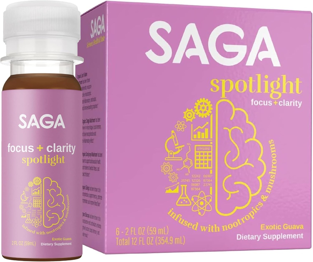 SAGA Spotlight Organic Focus Shots | Nootropic Shots with Bacopa, Ashwagandha & Lion’s Mane | Zero Sugar, 2 Calories, Travel Size | Natural Energy & Focus Supplement for Brain Boost | Exotic Guava