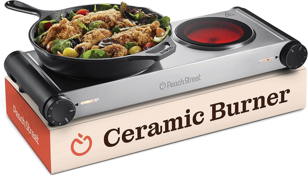 Electric Double Stovetop Cooking Hot Plate 1200W Infrared 7.3/4" Glass Ceramic Portable Stove Burners Cool Touch Handle Cooktop Keeps Food Warm Temperature Controls Electric Burner for Kitchen, Dorm