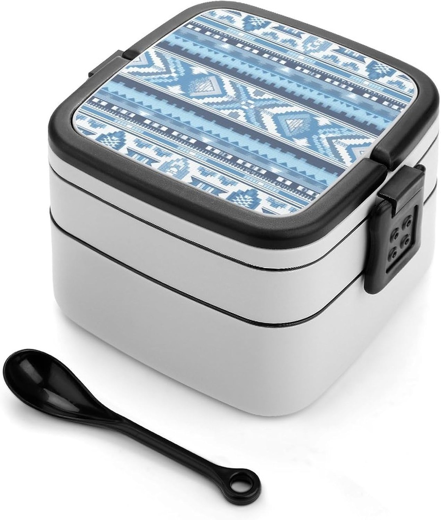 Blue And White Pattern Bento Box - Double Layer, Leakproof Food Containers with Partition & Spoon, Stackable Lunch Box for Office, Travel, Camping