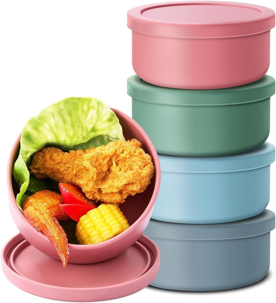 4 Pcs 24 oz Round Silicone Food Storage Containers Lunch Container with Lids Reusable Meal Prep Containers Bento Lunch Boxes Leakproof Food Organizers for Microwave Dishwasher Freezer Safe