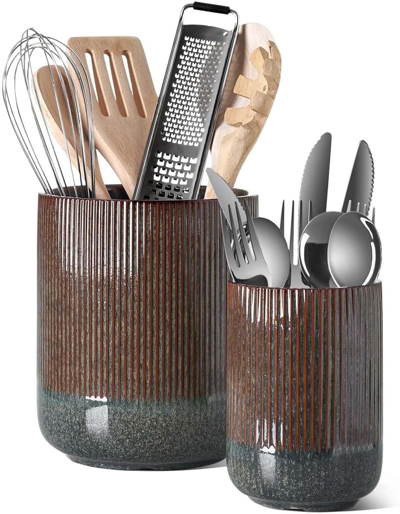 Ceramic Utensil Holder Set - Kitchen Organizer, 2-Piece Crock - 7.3" & 5.4" Marble Dark Olive - Cooking Utensil Storage, Plant Pots, Decor