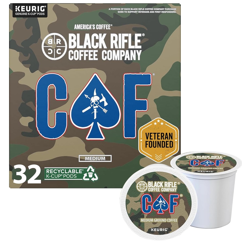 Black Rifle Coffee Company CAF, 32 Count, Medium Roast K Cups - Single Serve K Cups Coffee Pods - Kcup Pods Compatible with Keurig 1.0 & 2.0 - Made from Arabica Beans